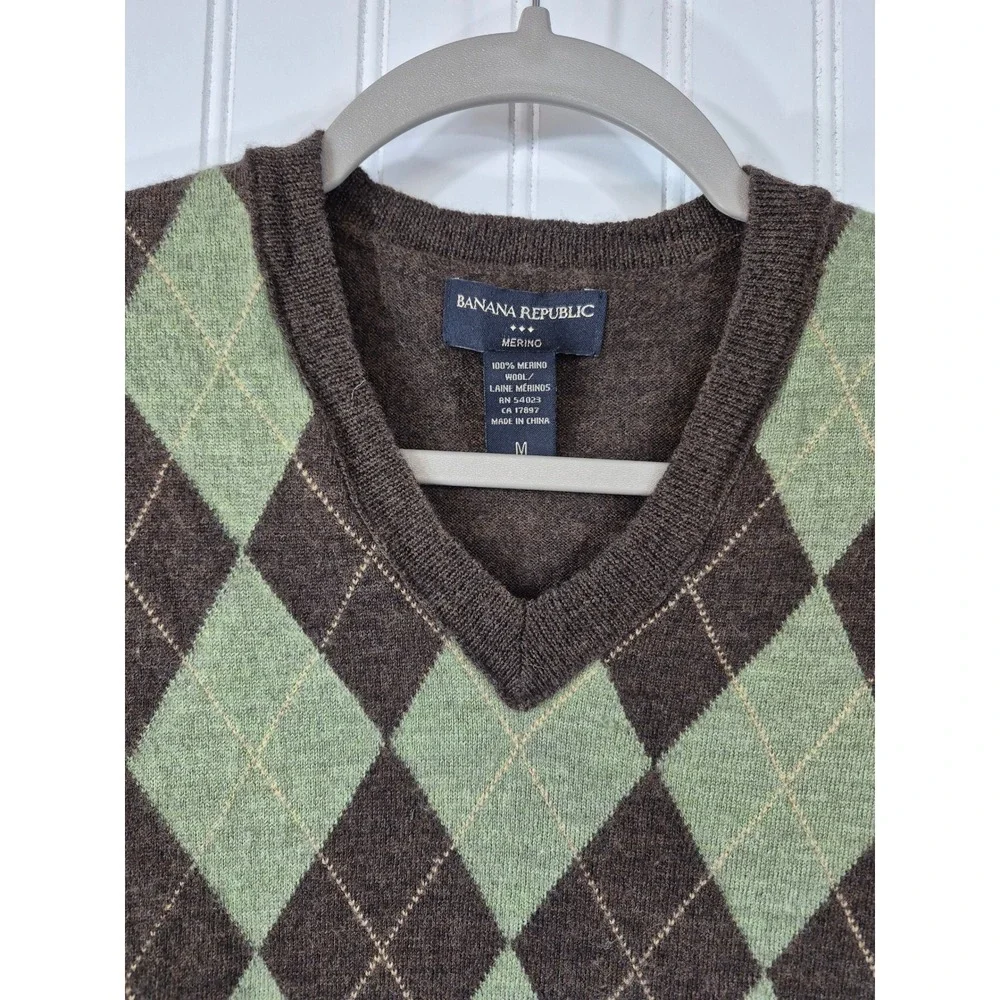 Banana Republic Mens Brown Argyle 100% Merino Wool V-Neck Sweater Vest Size M